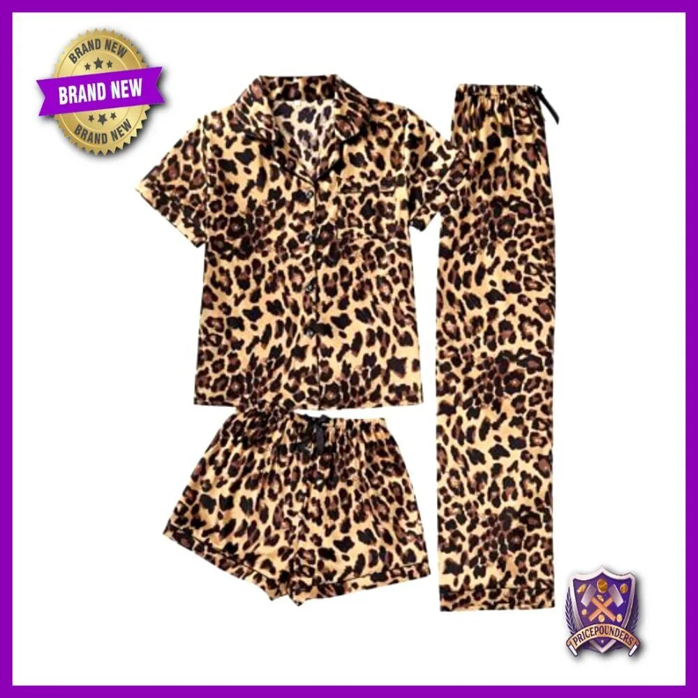 Women's 3 Piece Leopard Print Pajama Set Short Sleeve Button Down Shorts Pants